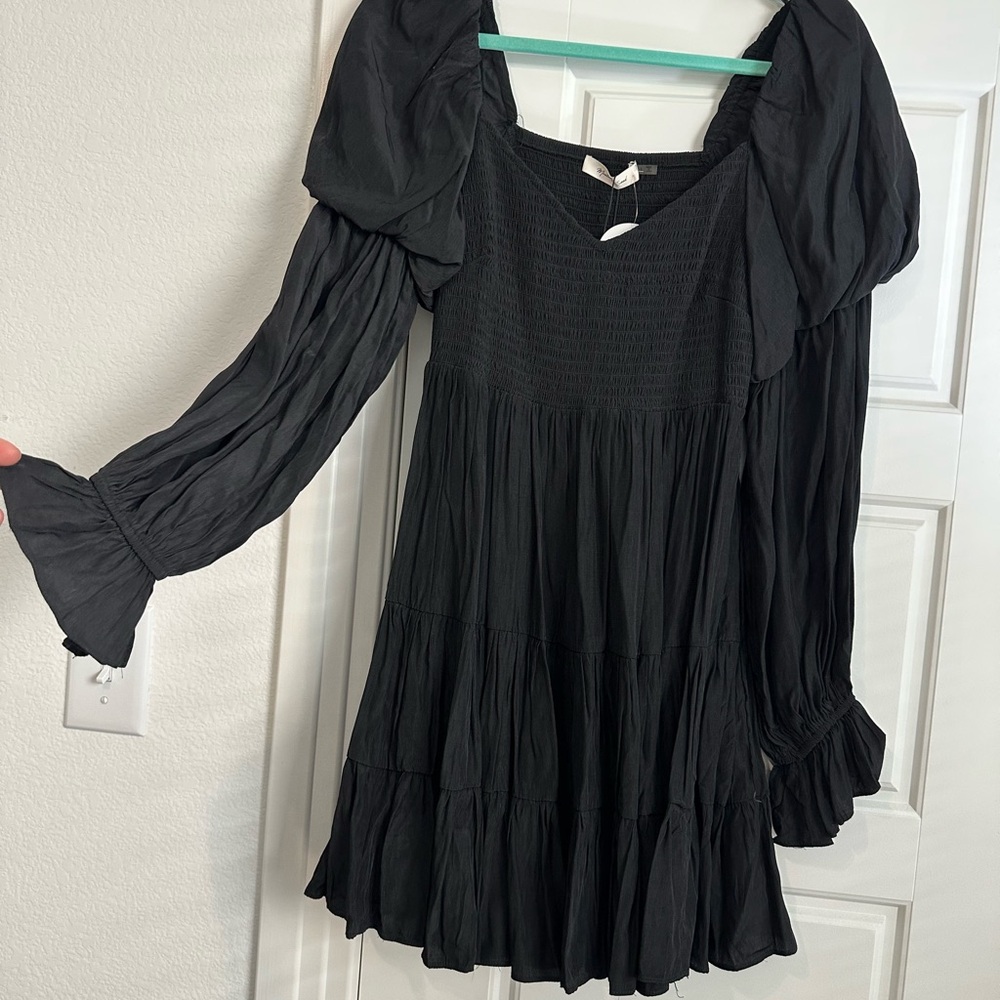 Mustard Seed Black Puff Sleeve Tiered Mini Dress